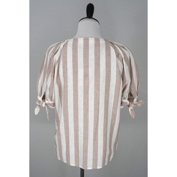 New LC Lauren Conrad Tan White Striped Pleated Ruffle Button Up Linen Top XS - Picture 4 of 8